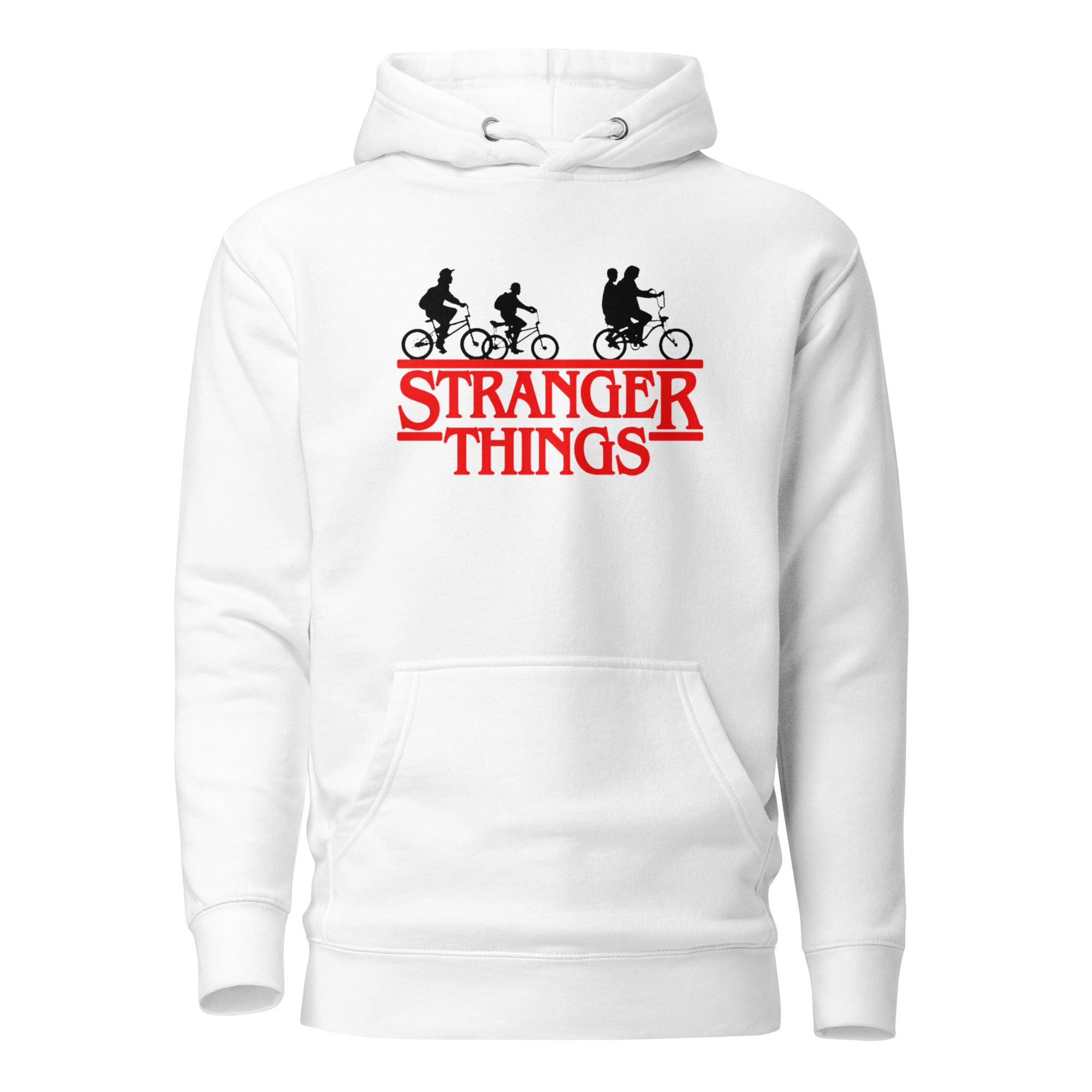 White hoodie with 'Stranger Things' logo featuring three characters on bicycles.