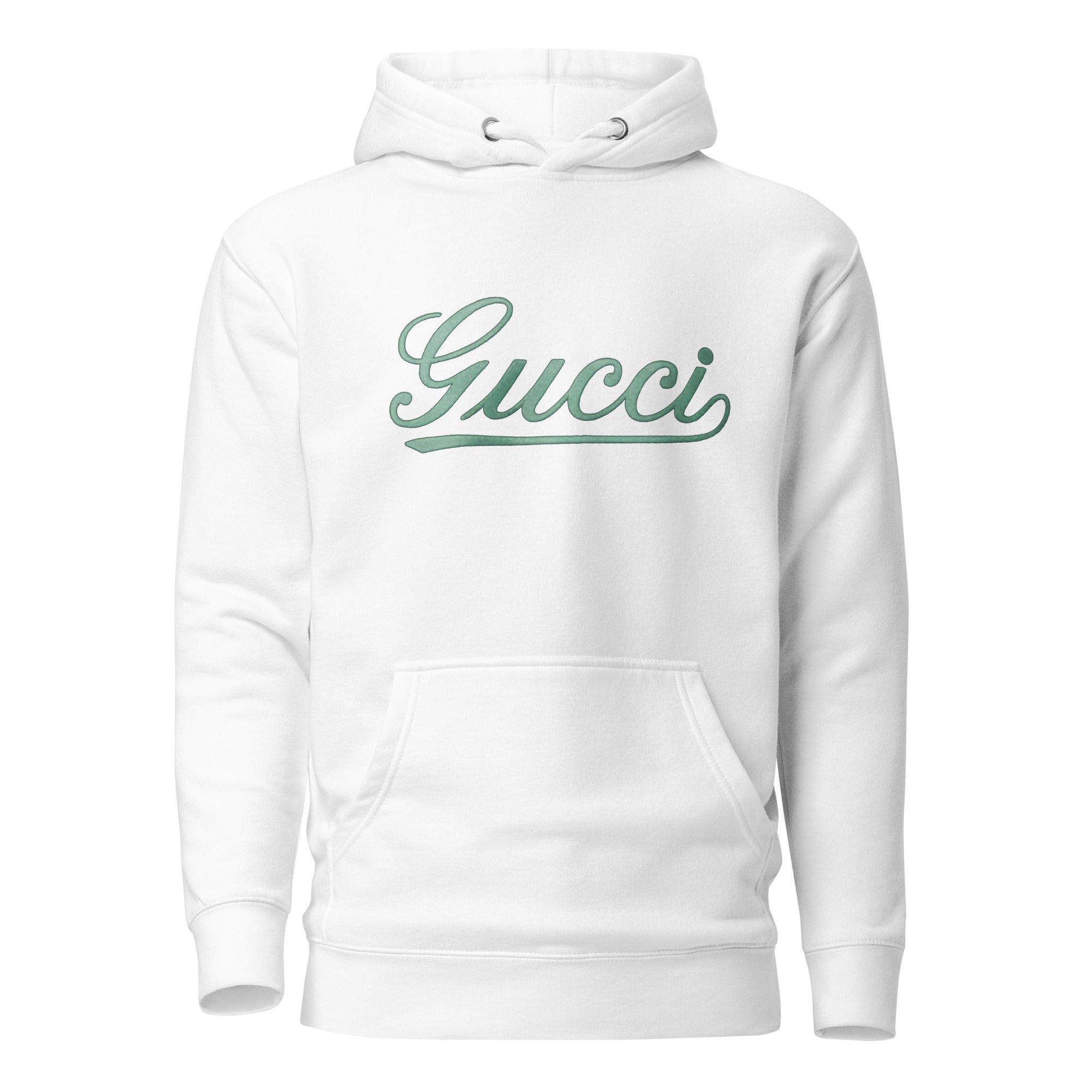 White hoodie with 'Gucci' logo on a white background