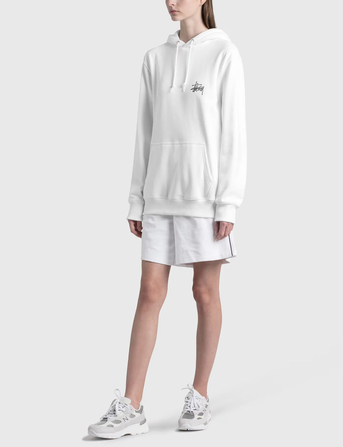 Stüssy White Stock Logo Hooded Sweatshirt – Classic Pullover with Front and Back Branding