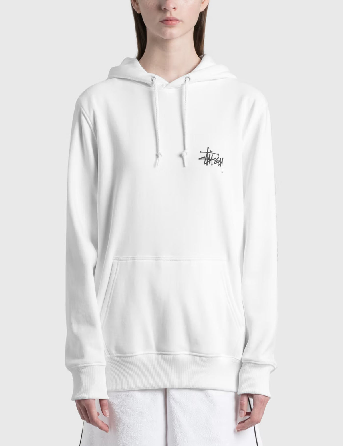 Stüssy White Stock Logo Hooded Sweatshirt – Classic Pullover with Front and Back Branding