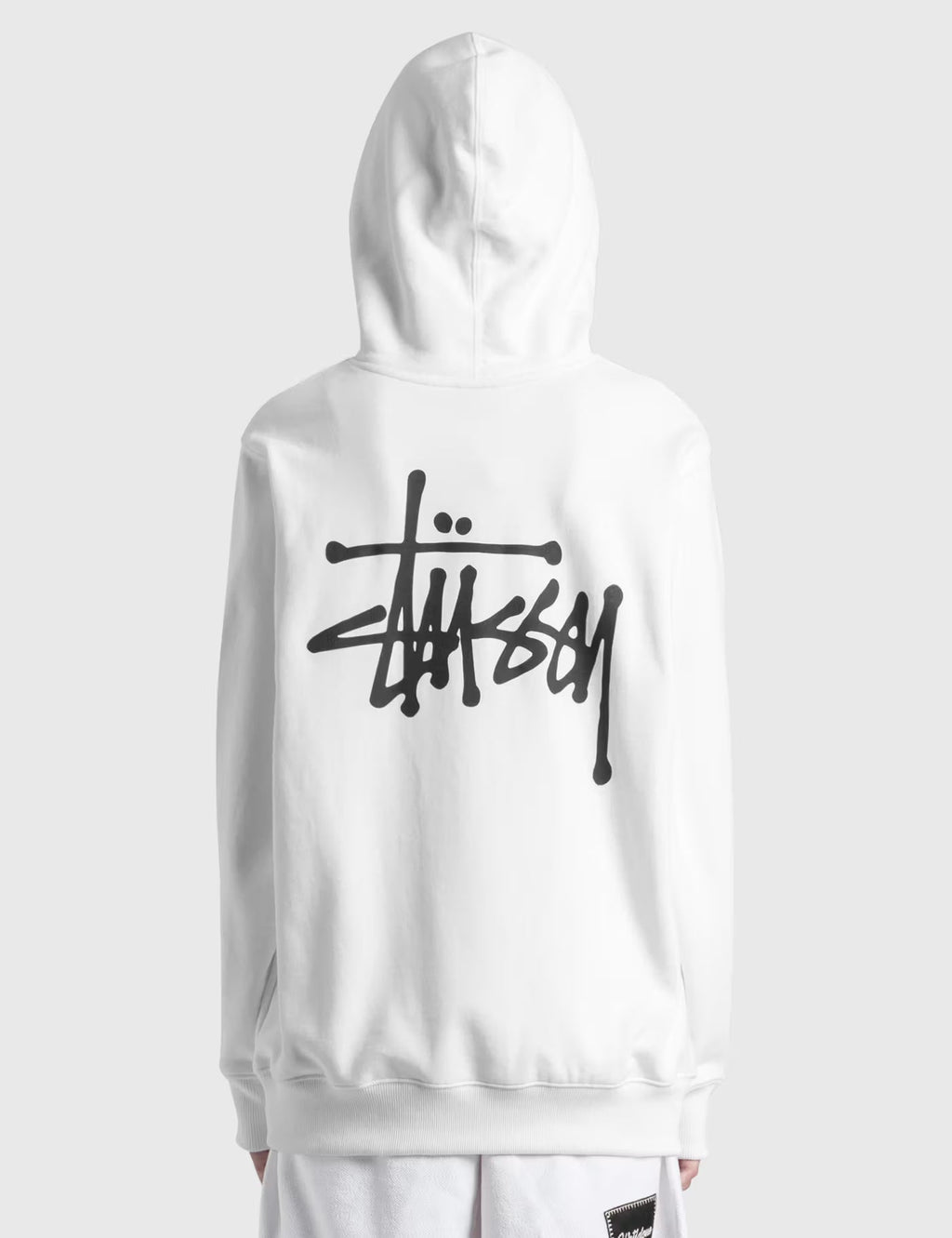 Stüssy White Stock Logo Hooded Sweatshirt – Classic Pullover with Front and Back Branding
