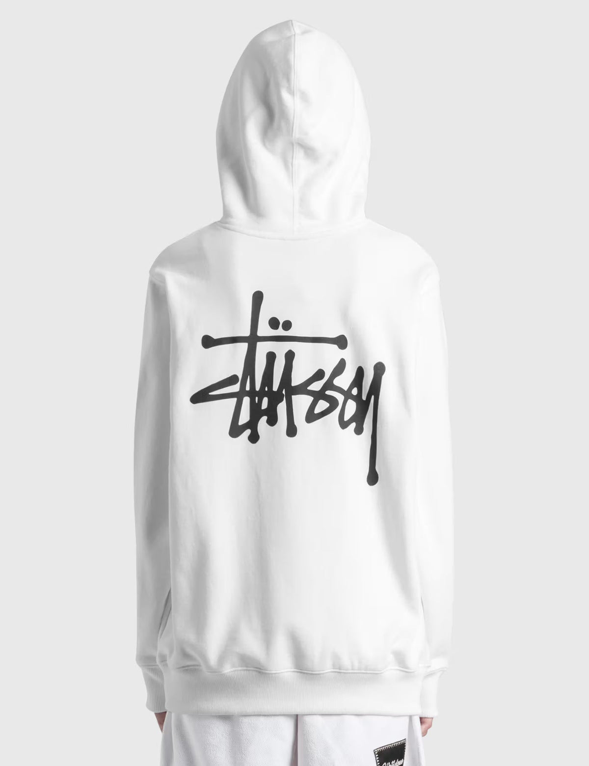 Stüssy White Stock Logo Hooded Sweatshirt – Classic Pullover with Front and Back Branding