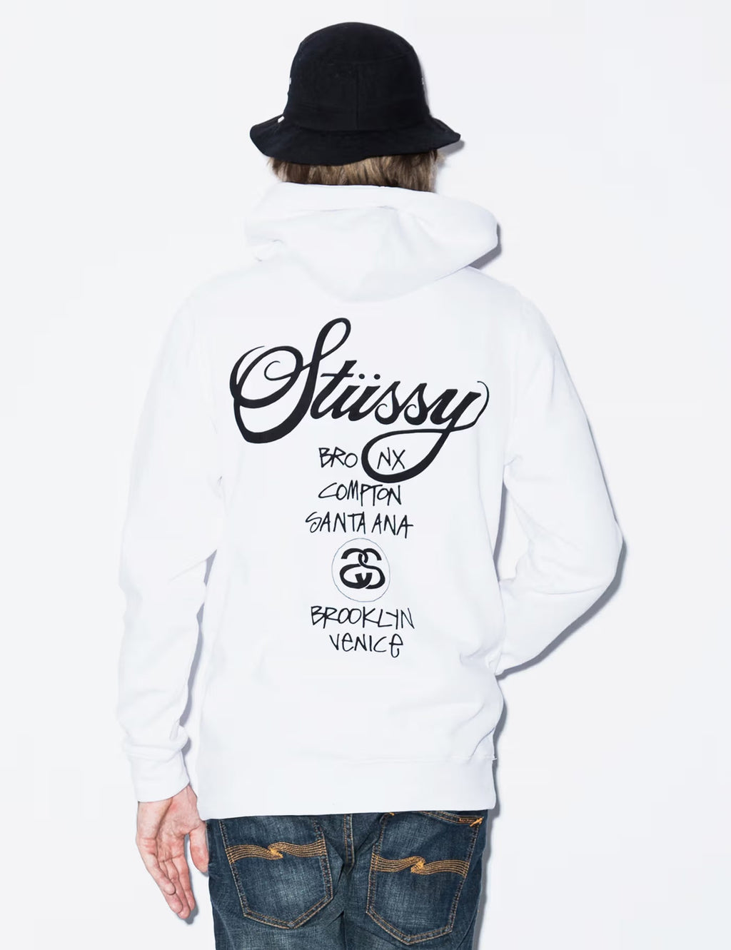 Stüssy Ash Heather Grey World Tour Hooded Sweatshirt – Graphic Pullover with City Print