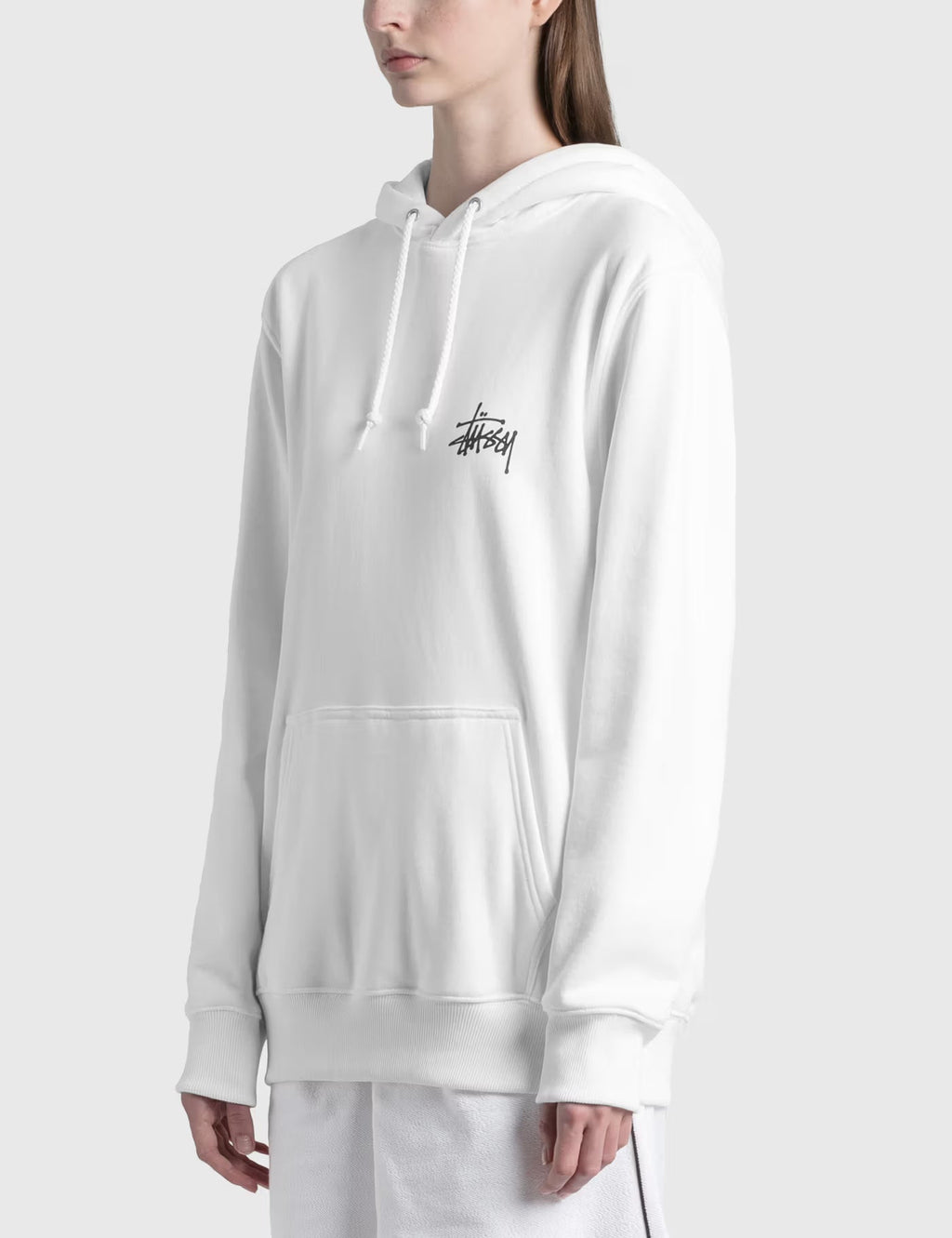 Stüssy White Stock Logo Hooded Sweatshirt – Classic Pullover with Front and Back Branding