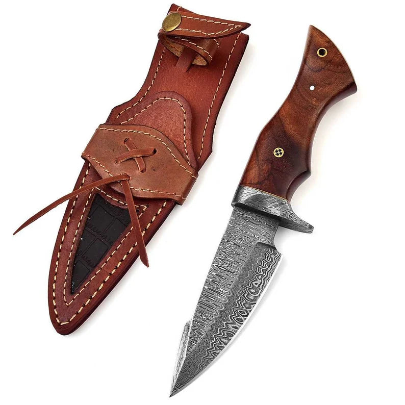 Damascus hunting knife, beautiful blade grain, Damascus steel with genuine leather sheath MAQ4507