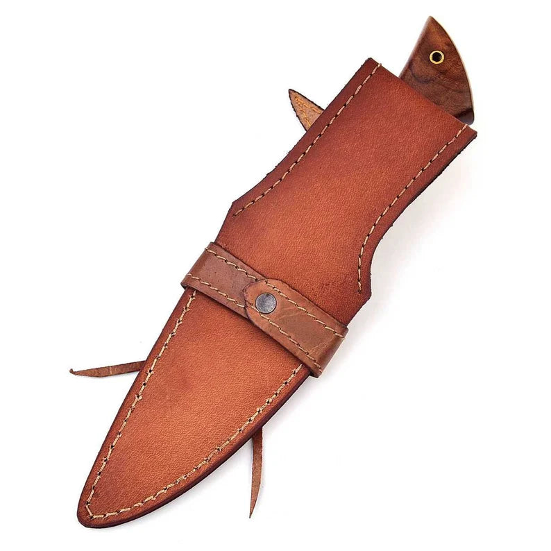 Damascus hunting knife, beautiful blade grain, Damascus steel with genuine leather sheath MAQ4507