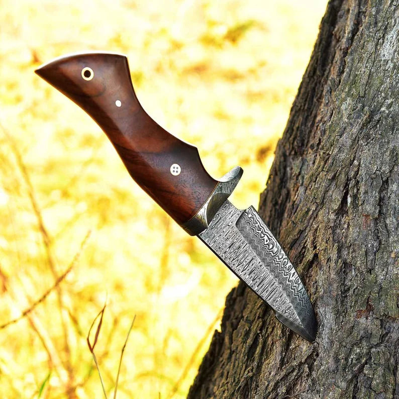 Damascus hunting knife, beautiful blade grain, Damascus steel with genuine leather sheath MAQ4507
