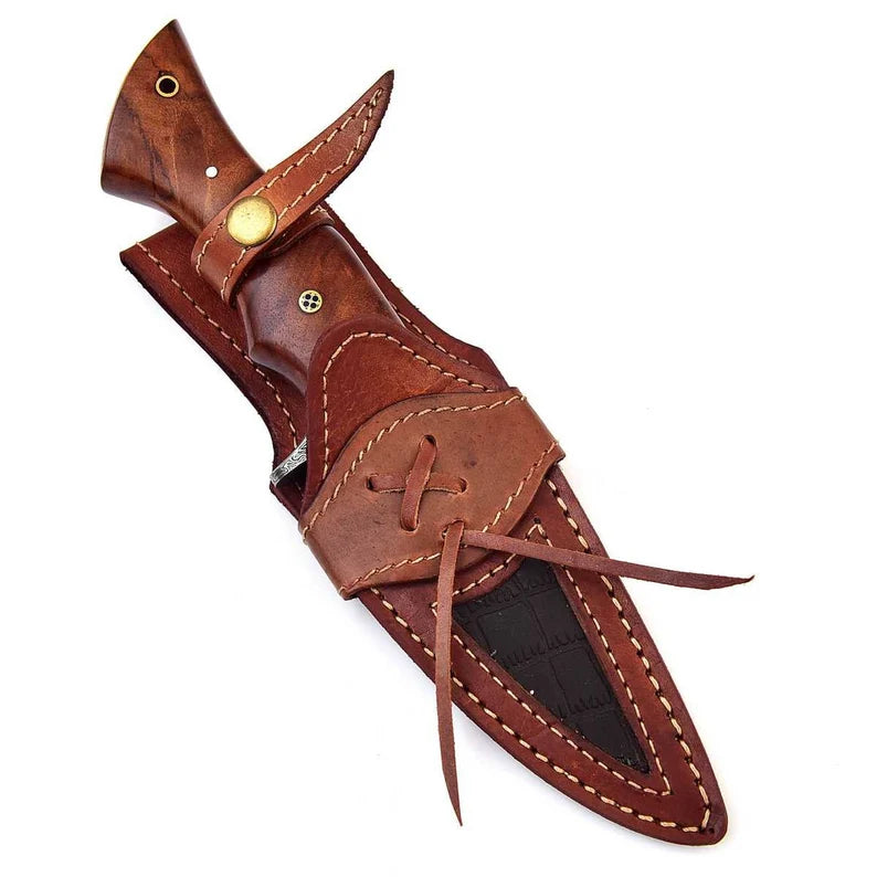 Damascus hunting knife, beautiful blade grain, Damascus steel with genuine leather sheath MAQ4507