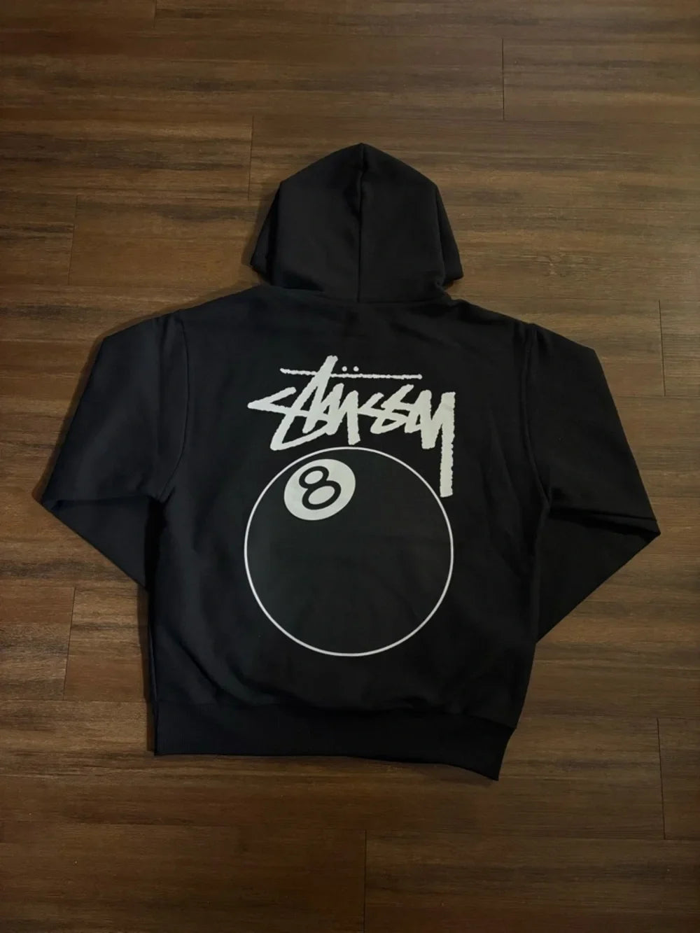 Stüssy Black 8-Ball Hooded Sweatshirt – Graphic Pullover with Front and Back Logo
