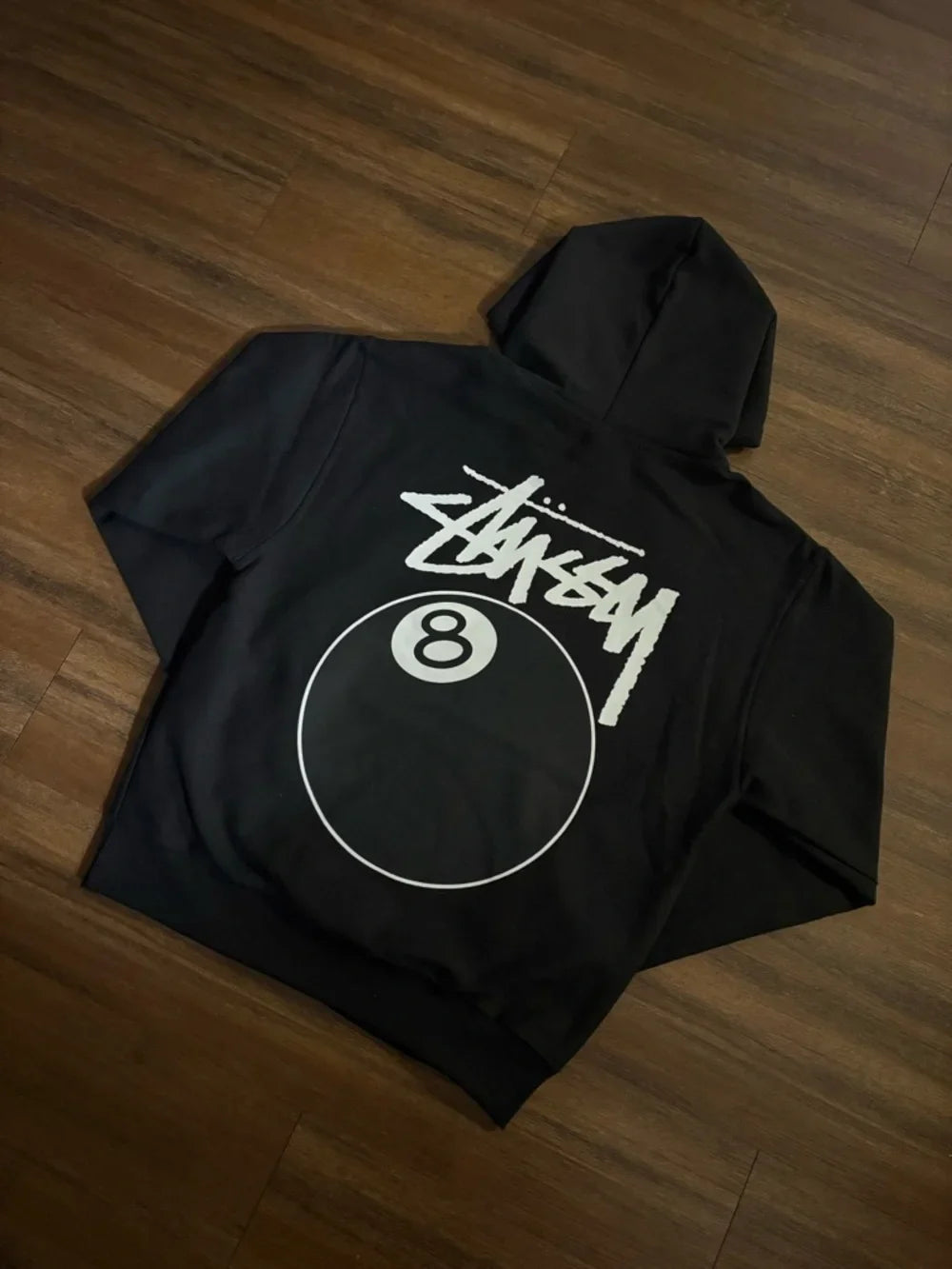 Stüssy Black 8-Ball Hooded Sweatshirt – Graphic Pullover with Front and Back Logo