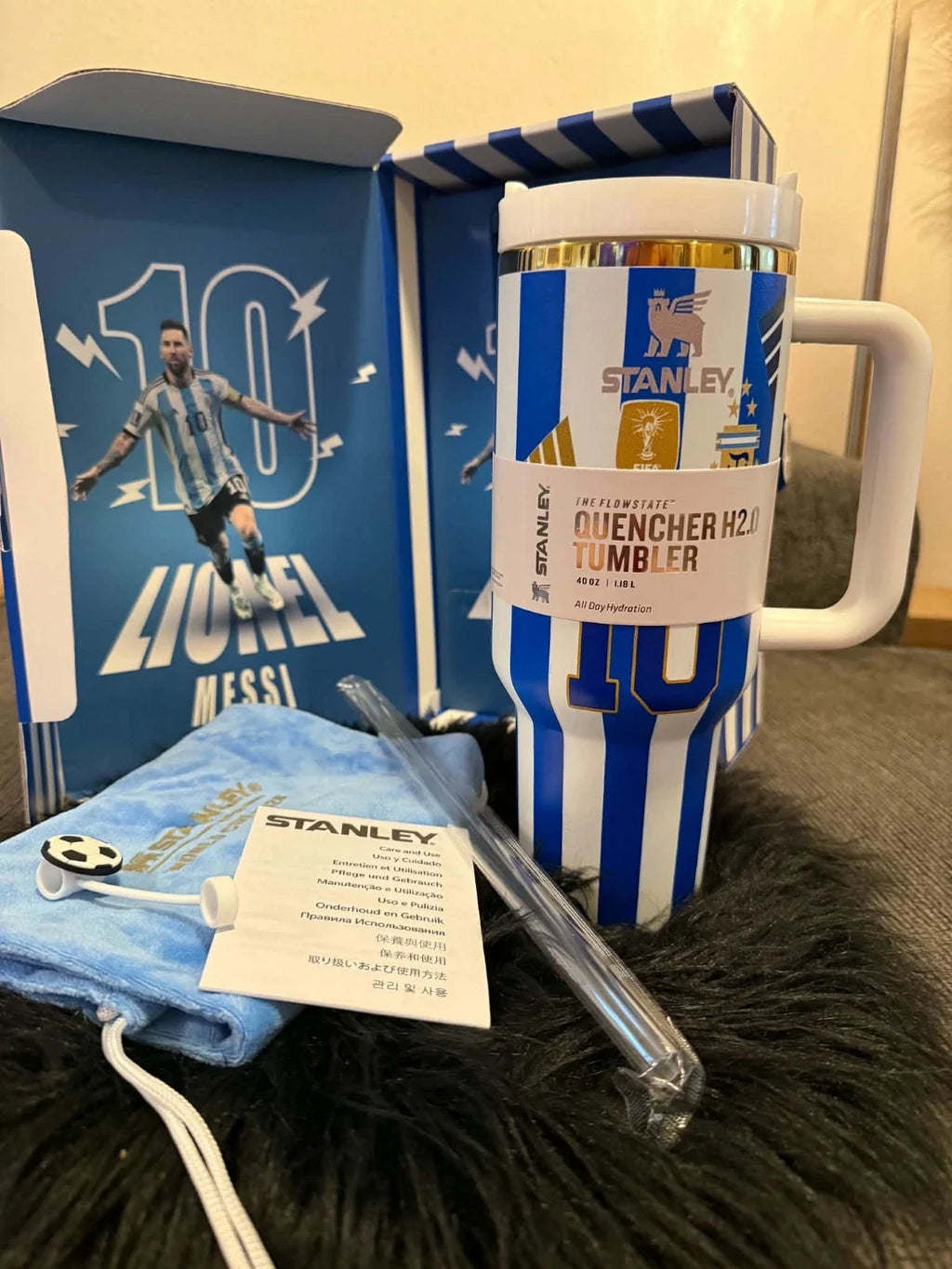 Limited Edition Lionel Messi #10 Argentina Stanley 40oz Tumbler - Premium Soccer Gift Box Set with Pouch & Football Straw Topper