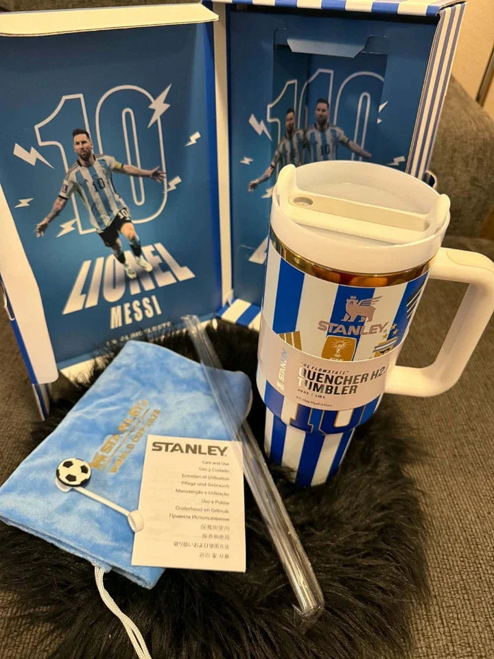 Limited Edition Lionel Messi #10 Argentina Stanley 40oz Tumbler - Premium Soccer Gift Box Set with Pouch & Football Straw Topper