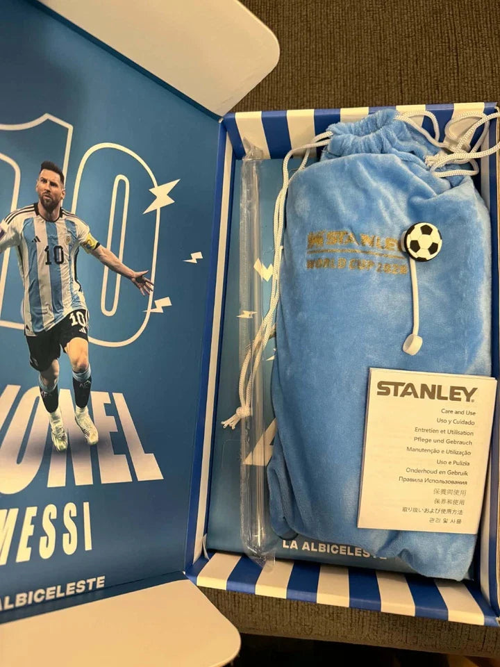 Limited Edition Lionel Messi #10 Argentina Stanley 40oz Tumbler - Premium Soccer Gift Box Set with Pouch & Football Straw Topper