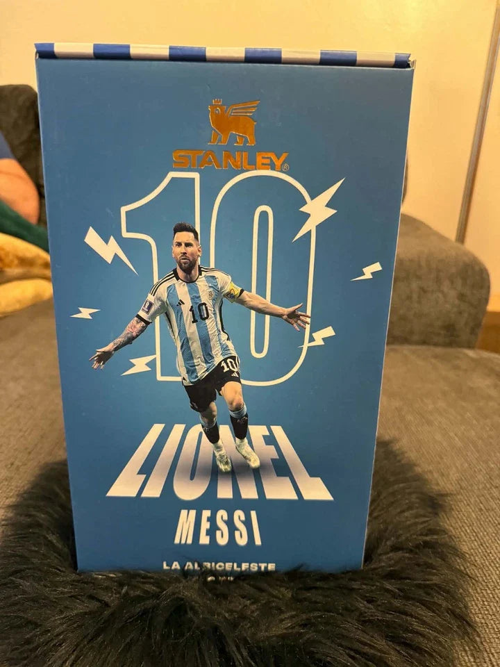 Limited Edition Lionel Messi #10 Argentina Stanley 40oz Tumbler - Premium Soccer Gift Box Set with Pouch & Football Straw Topper