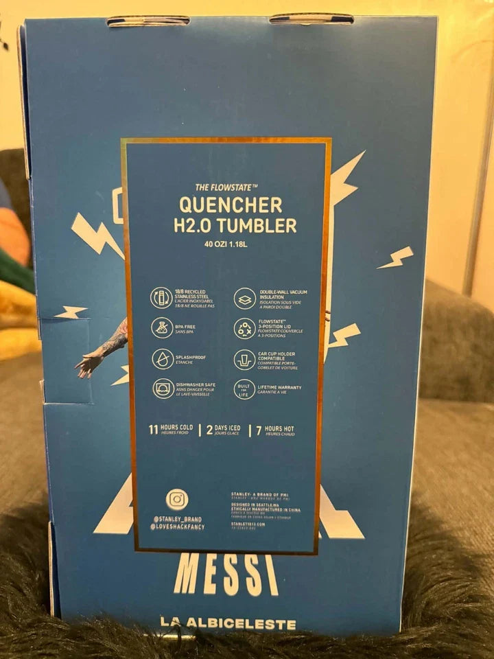 Limited Edition Lionel Messi #10 Argentina Stanley 40oz Tumbler - Premium Soccer Gift Box Set with Pouch & Football Straw Topper