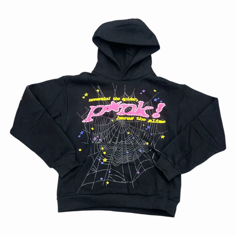 Black Sp5der Essential hoodie featuring pink and white graphic print, casual streetwear pullover with a bold design.