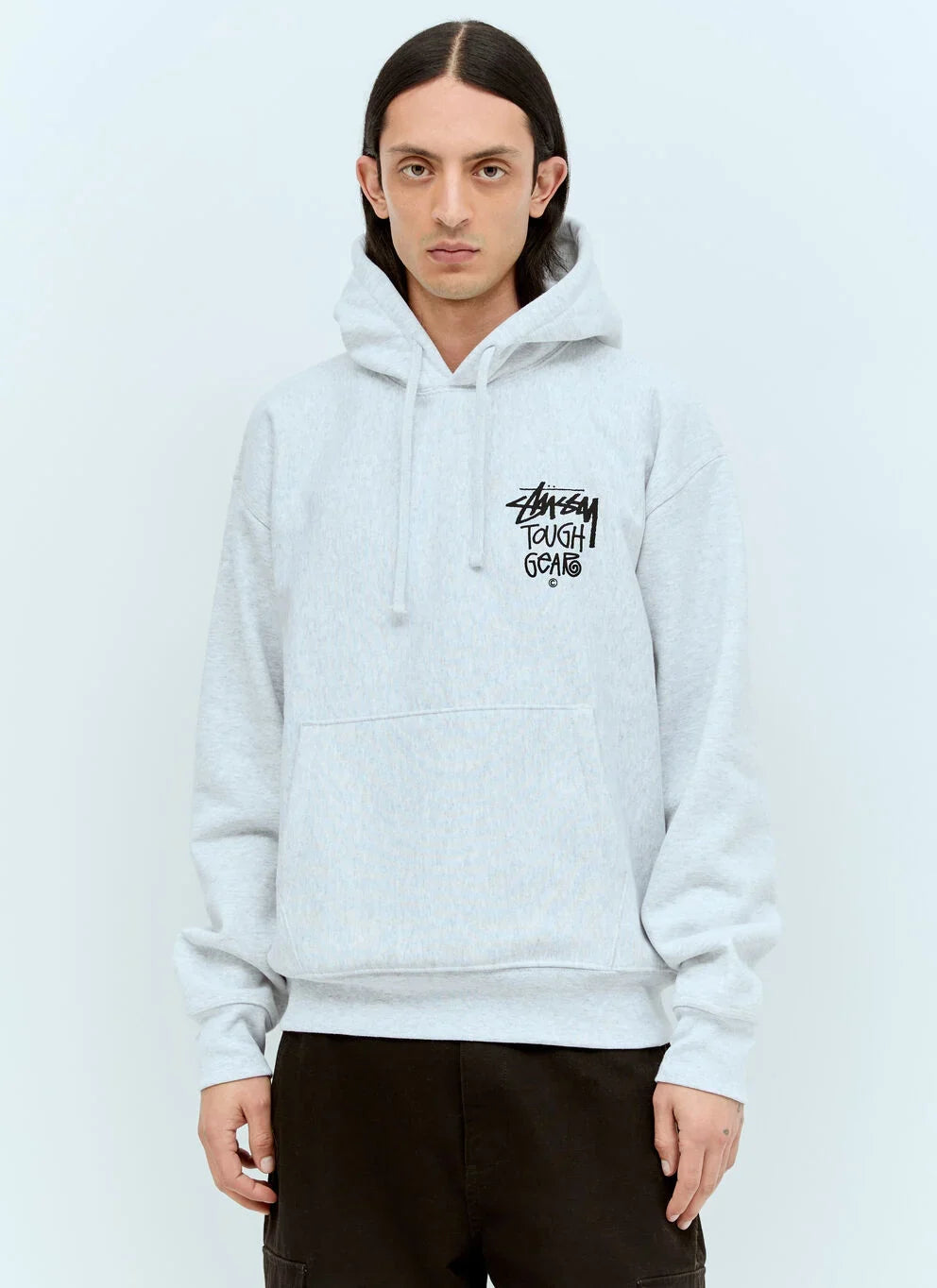 Stüssy Ash Grey Tough Gear Hooded Sweatshirt – Graphic Pullover with Front and Back Branding