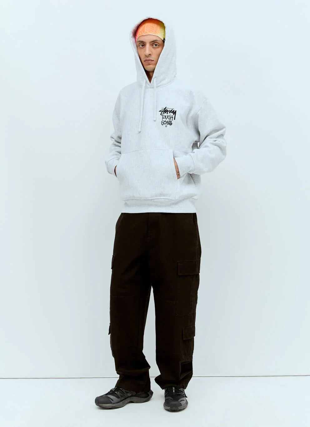 Stüssy Ash Grey Tough Gear Hooded Sweatshirt – Graphic Pullover with Front and Back Branding