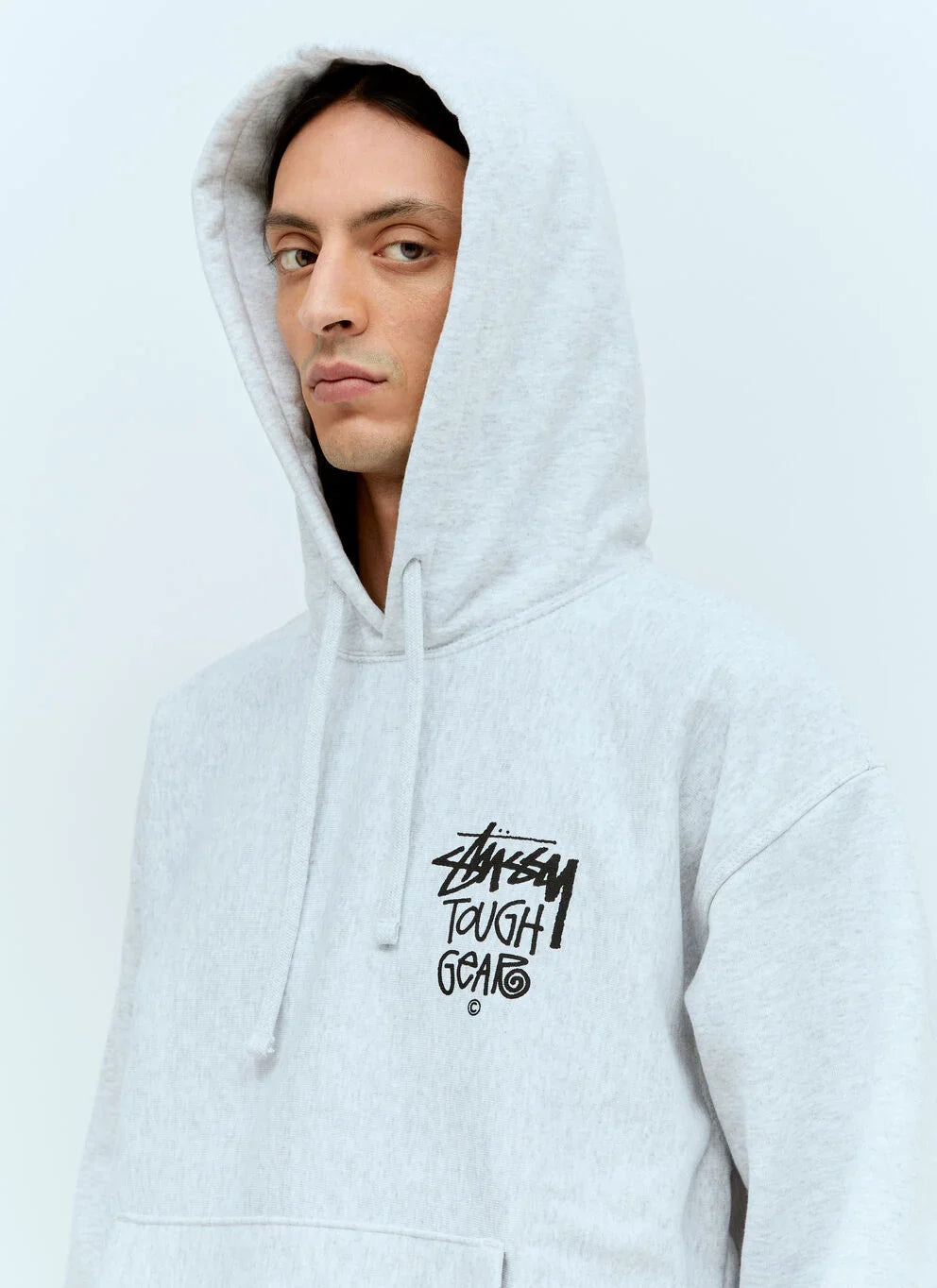 Stüssy Ash Grey Tough Gear Hooded Sweatshirt – Graphic Pullover with Front and Back Branding