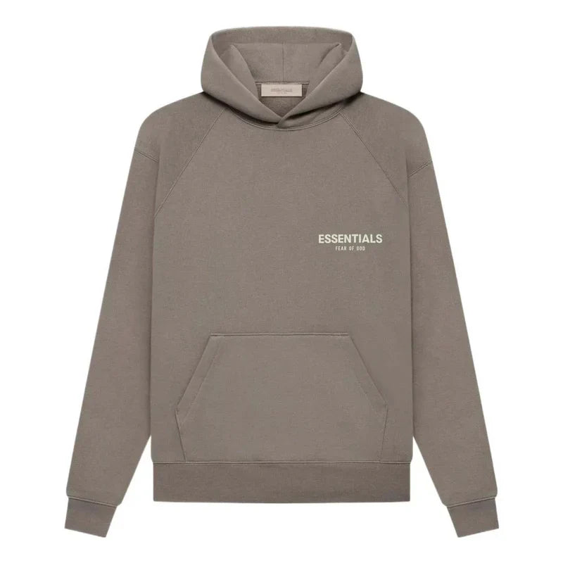 Fear of God Essentials hoodie in Desert Taupe, featuring a comfortable fit and soft fabric, displayed on a plain background.