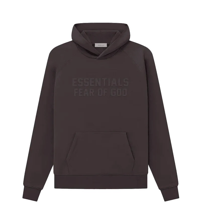 Fear of God Essentials hoodie in plum color, featuring a relaxed fit and soft fabric, designed for comfort and casual style.