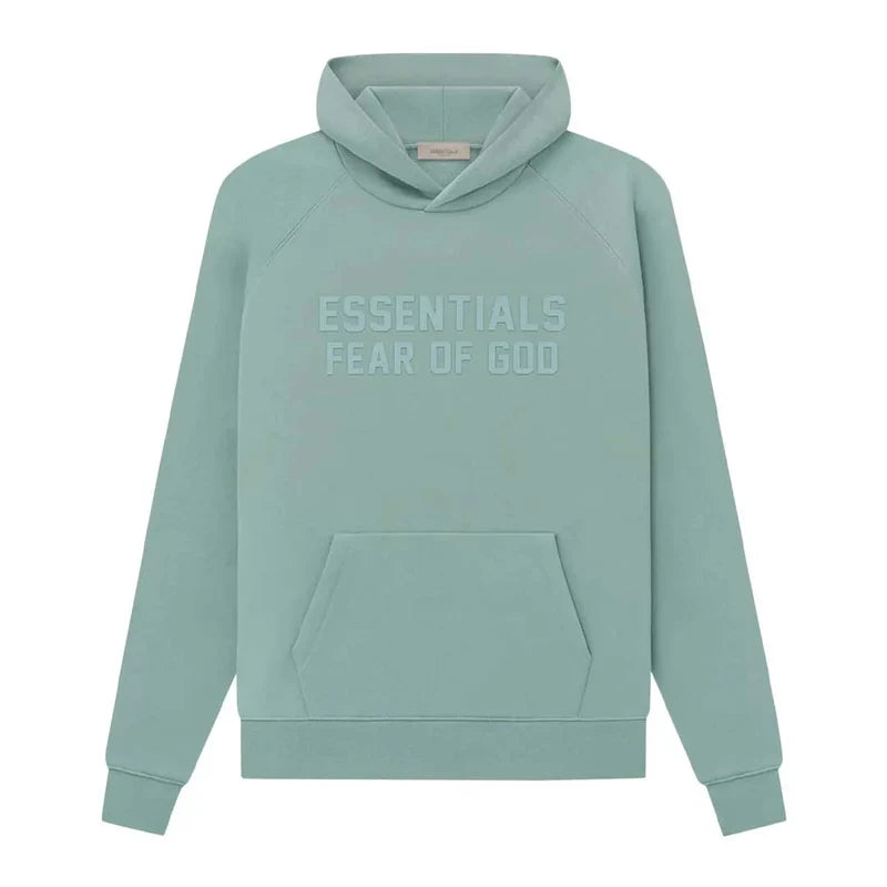 Fear of God Essentials Hoodie in Sycamore color, featuring a relaxed fit and soft fabric, displayed on a hanger.
