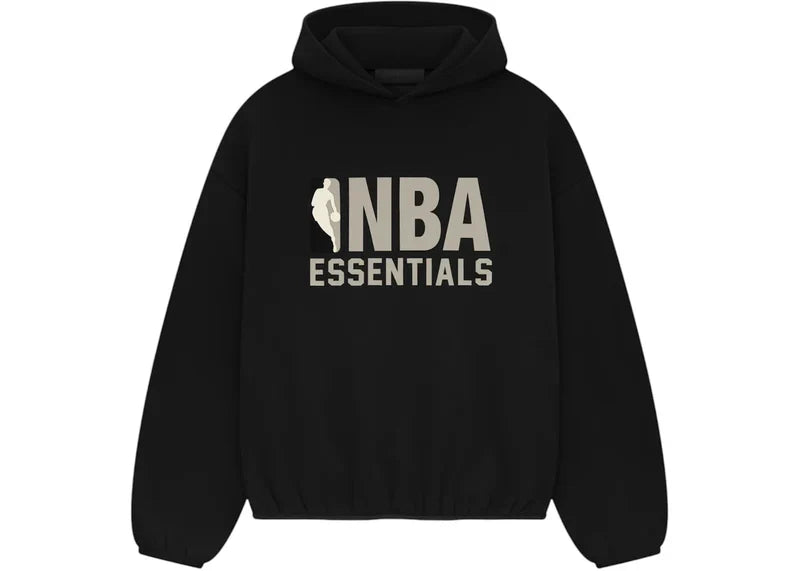 Black Fear of God Essentials x NBA hoodie with logo and design, featuring a casual and sporty style.