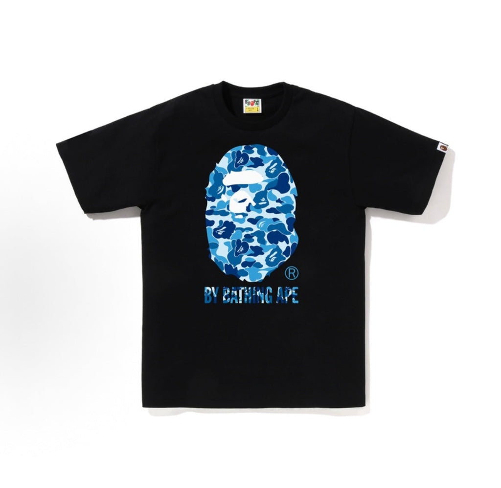 Black and blue camo BAPE ABC Camo Ape Head Tee from THE EA STORE, featuring the iconic ape head logo on the front.