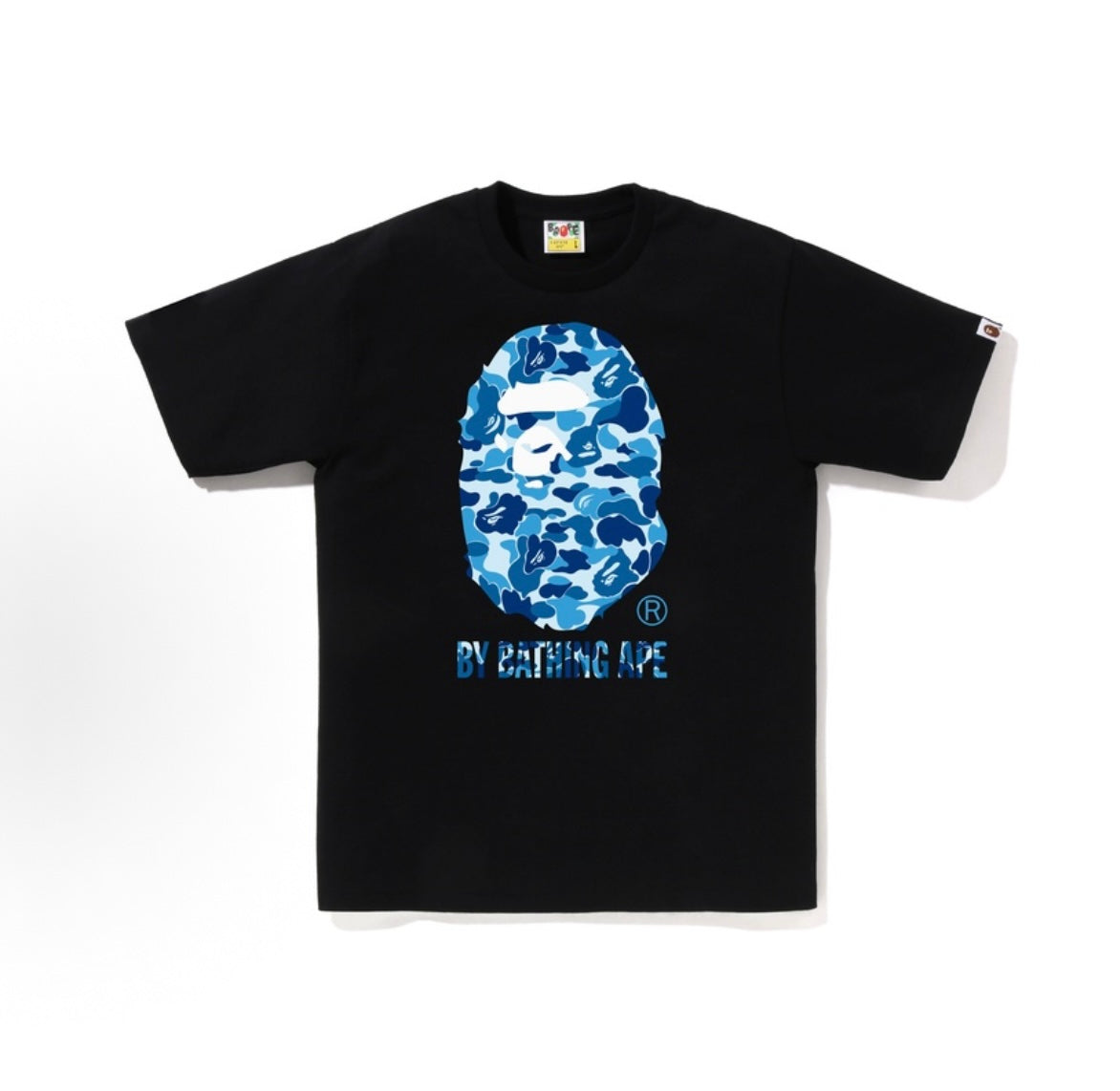 Black and blue camo BAPE ABC Camo Ape Head Tee from THE EA STORE, featuring the iconic ape head logo on the front.