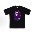 Black and purple BAPE ABC Camo Ape Head Tee from THE EA STORE, showcasing the iconic camo pattern and ape head logo.