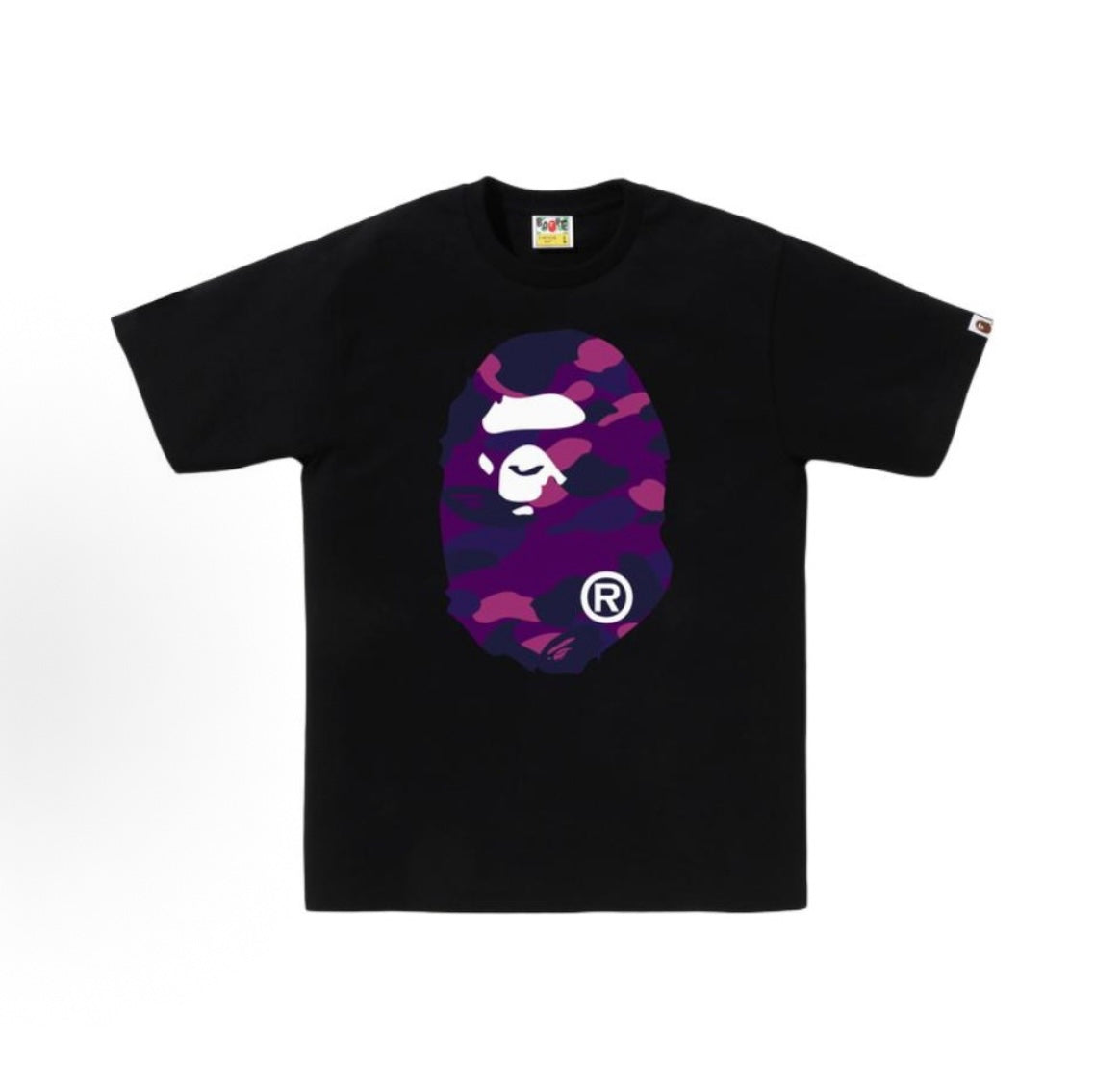 Black and purple BAPE ABC Camo Ape Head Tee from THE EA STORE, showcasing the iconic camo pattern and ape head logo.
