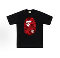 Black and red BAPE ABC Camo Ape Head Tee featuring iconic ape logo on essentials t-shirt by THE EA STORE.