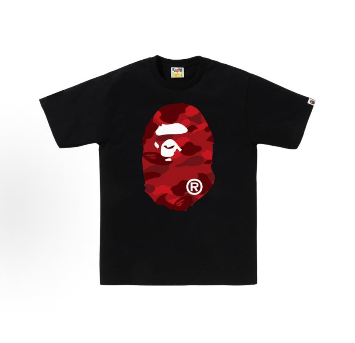 Black and red BAPE ABC Camo Ape Head Tee featuring iconic ape logo on essentials t-shirt by THE EA STORE.
