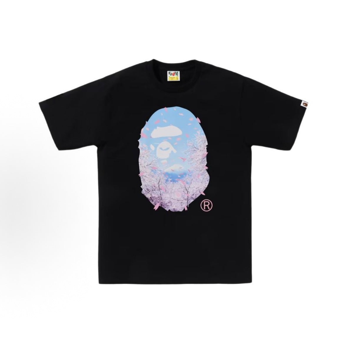 Black BAPE Mt. Fuji Sakura Ape Head Tee featuring a graphic of Mt. Fuji with cherry blossoms, from THE EA STORE Essentials collection.