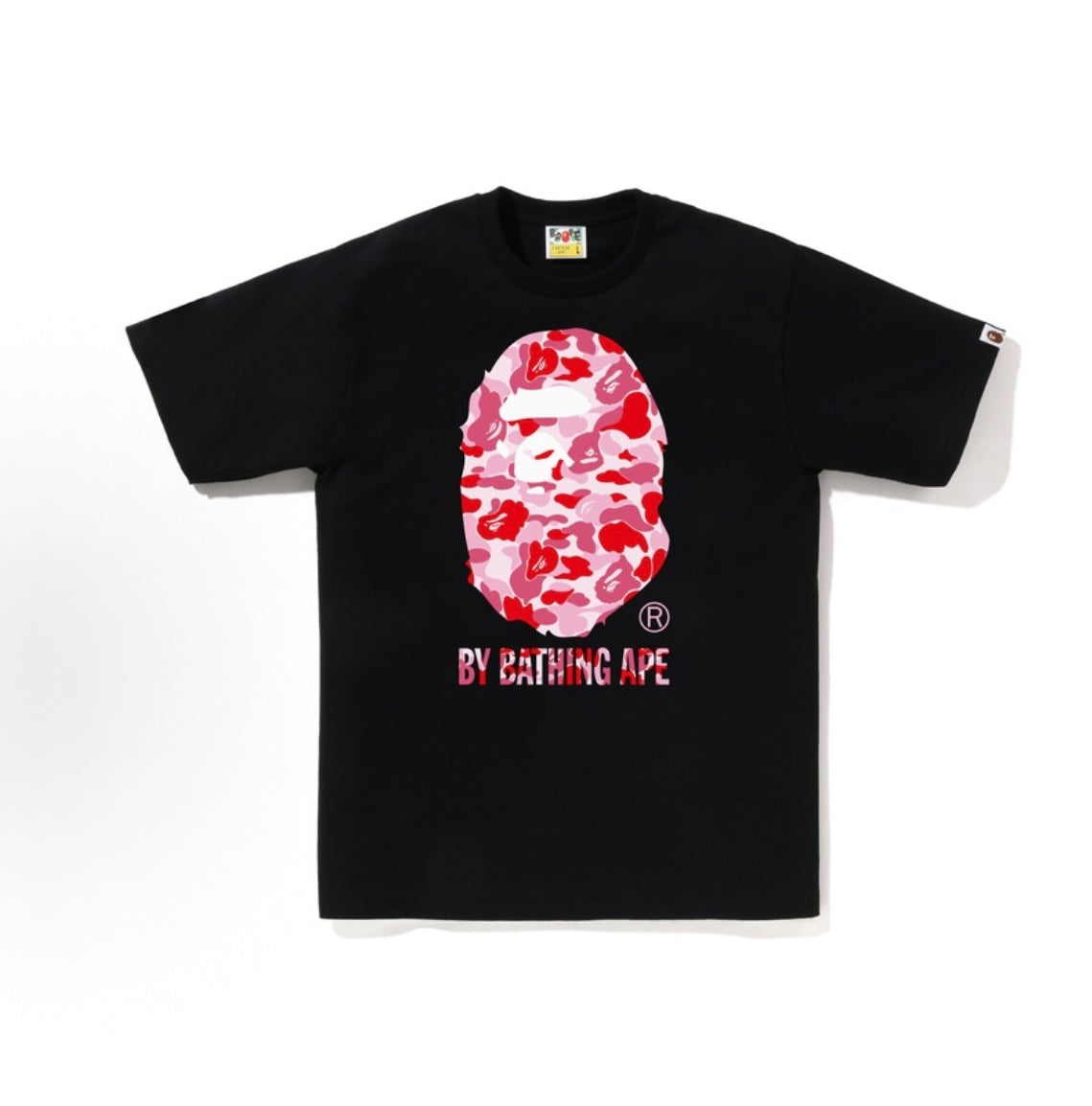 Black and pink camouflage BAPE Sakura Ape Head Tee from THE EA STORE, featuring the iconic ape head design on the front.