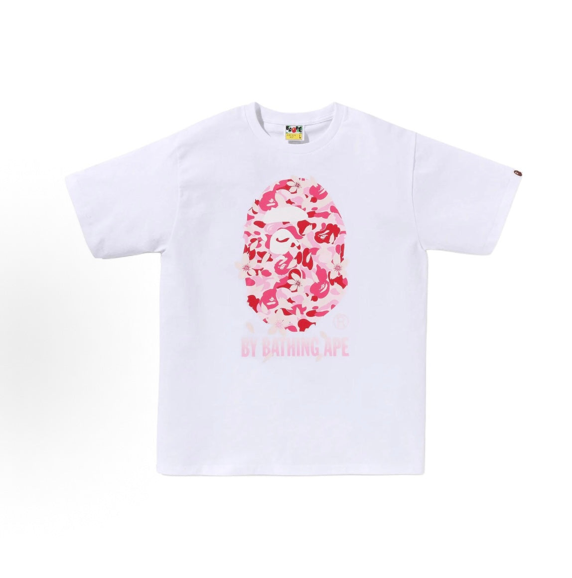 White and pink camo BAPE Sakura Ape Head Tee from THE EA STORE, featuring the iconic ape head graphic on soft cotton fabric.