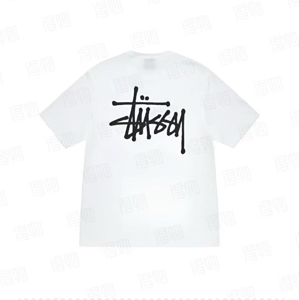 White Stussy Basic Logo Tee from THE EA STORE, featuring a simple logo design on the front, casual essentials t-shirt.