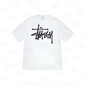 White Stussy Basic Logo Tee from THE EA STORE, featuring a simple logo design on the front, casual essentials t-shirt.
