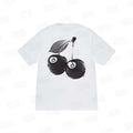 White Stussy Cherry 8 Ball Tee from Essentials collection, featuring a printed cherry and 8 ball graphic on the front.