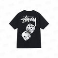 Black Stussy Fuzzy Dice Tee from THE EA STORE, featuring a casual essentials T-shirt with fuzzy dice graphic on the front.