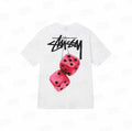 Pink fuzzy dice graphic tee by THE EA STORE featuring white fabric and casual essentials style.