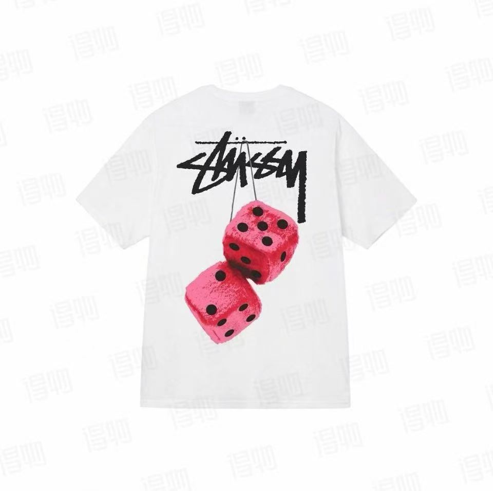 Pink fuzzy dice graphic tee by THE EA STORE featuring white fabric and casual essentials style.