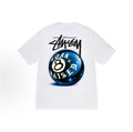 White Stussy x Born X Raised 8 Ball Tee from THE EA STORE, casual essentials with bold graphic design on front.