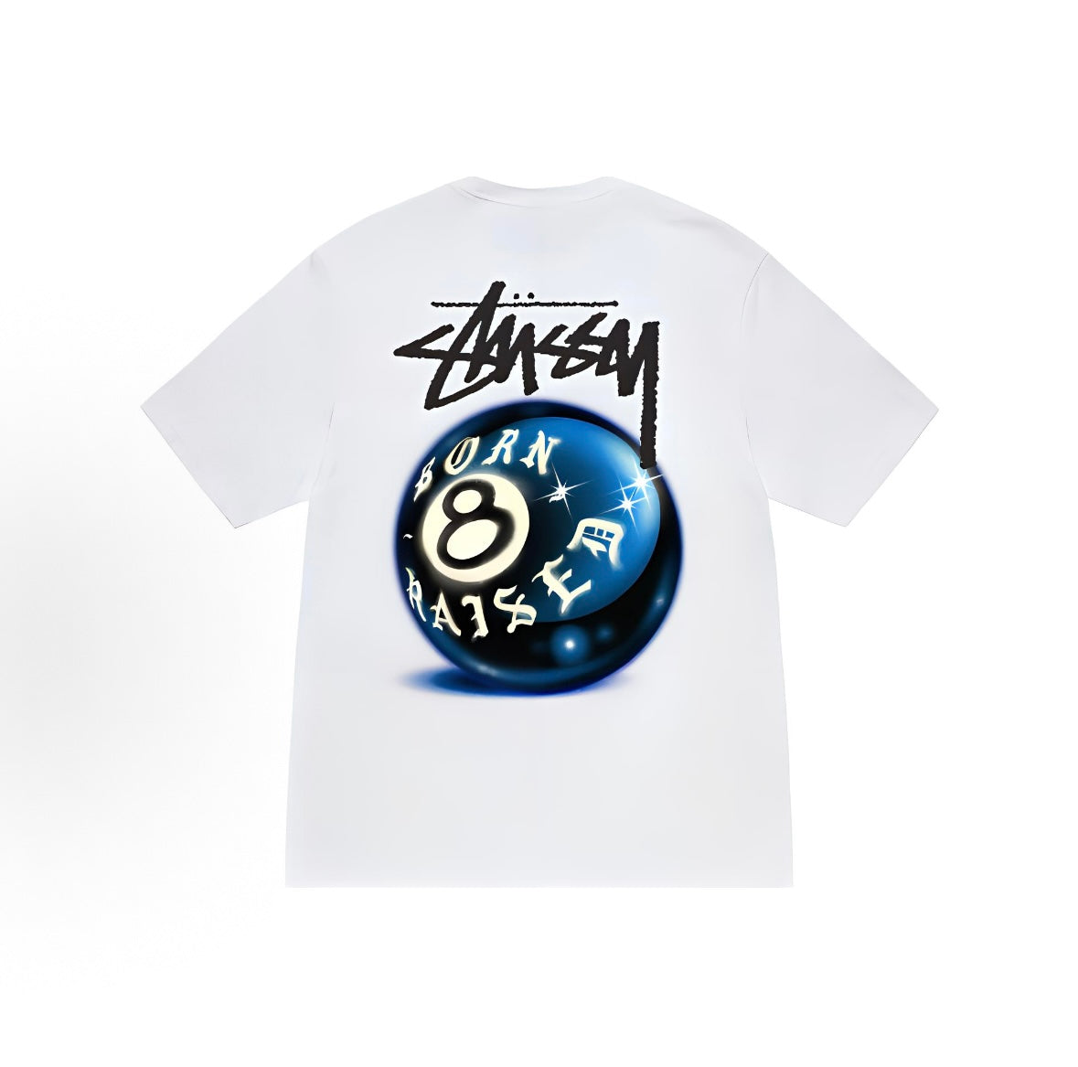 White Stussy x Born X Raised 8 Ball Tee from THE EA STORE, casual essentials with bold graphic design on front.