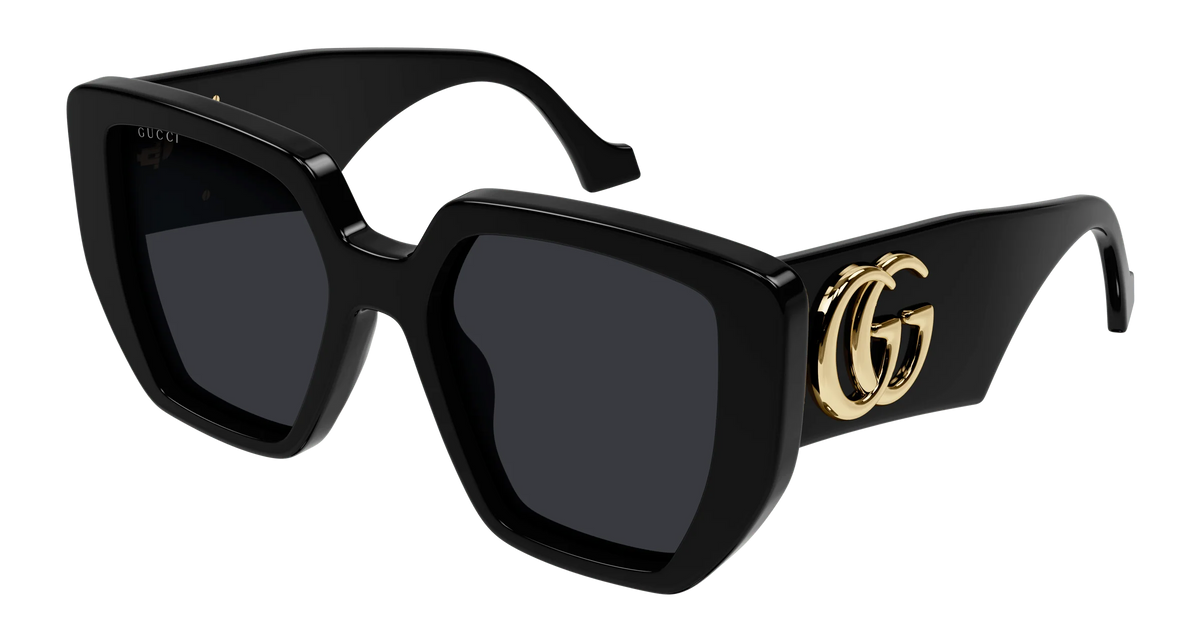 Gucci oversized square sunglasses with black acetate frame and gold interlocking double G logo, stylish and bold eyewear.