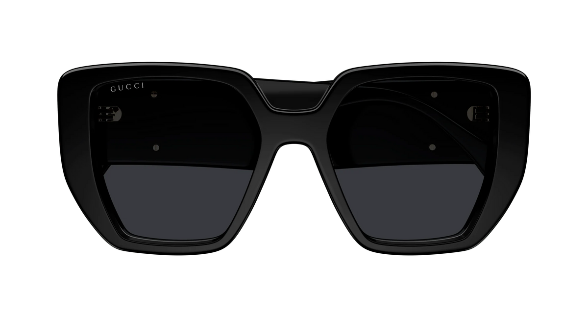 Gucci oversized square sunglasses with black acetate frame and gold interlocking double G logo on the temples.