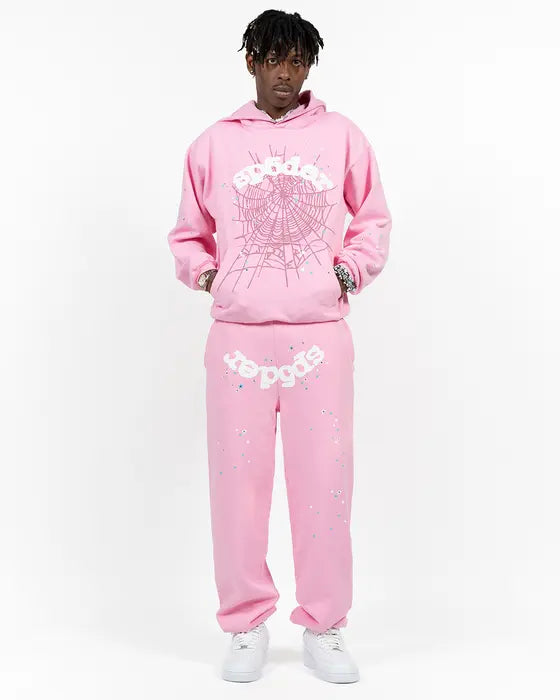 Pink Web Hoodie from Sp5der Essential collection by THE EA STORE featuring a web design and streetwear style, pullover fit.